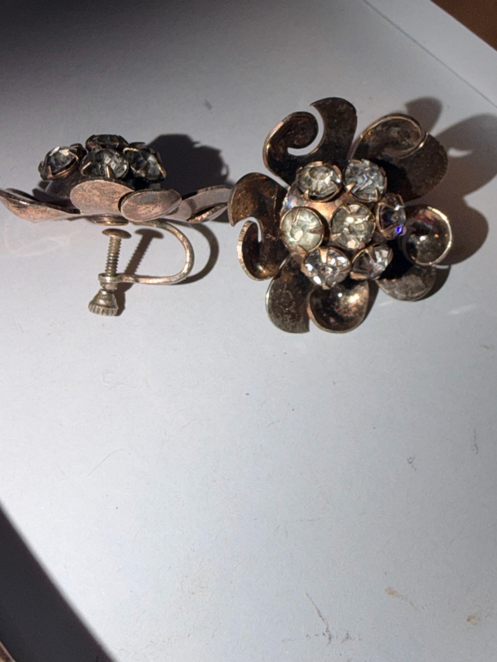 Vintage Floral Crystal screw back Earrings .925 silver